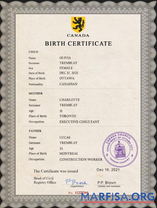 Blank Canada vital record birth certificate PSD template